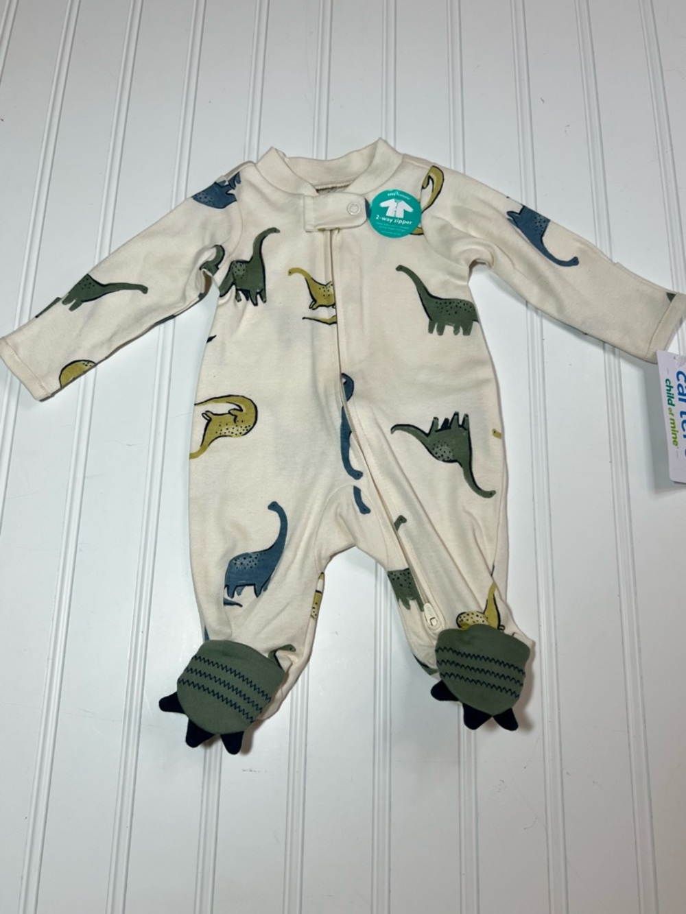 Carter's Preemie Dinosaur Monster Foot Baby Onesie PJs 2-way zipper